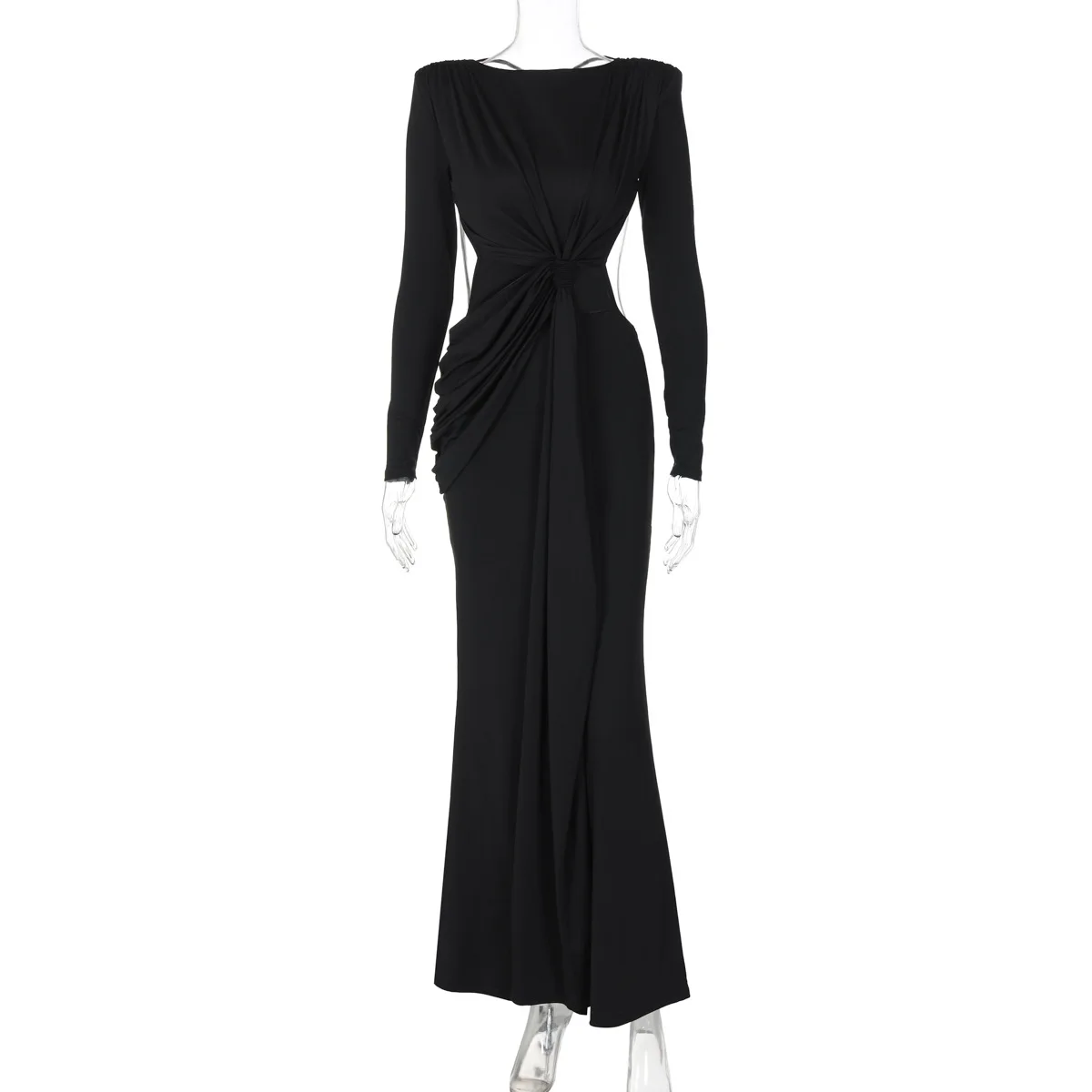 Vestido largo ajustado con espalda descubierta para mujer, traje Sexy de manga larga con nudo, color gris y negro, para fiesta de noche, otoño e invierno, 2024