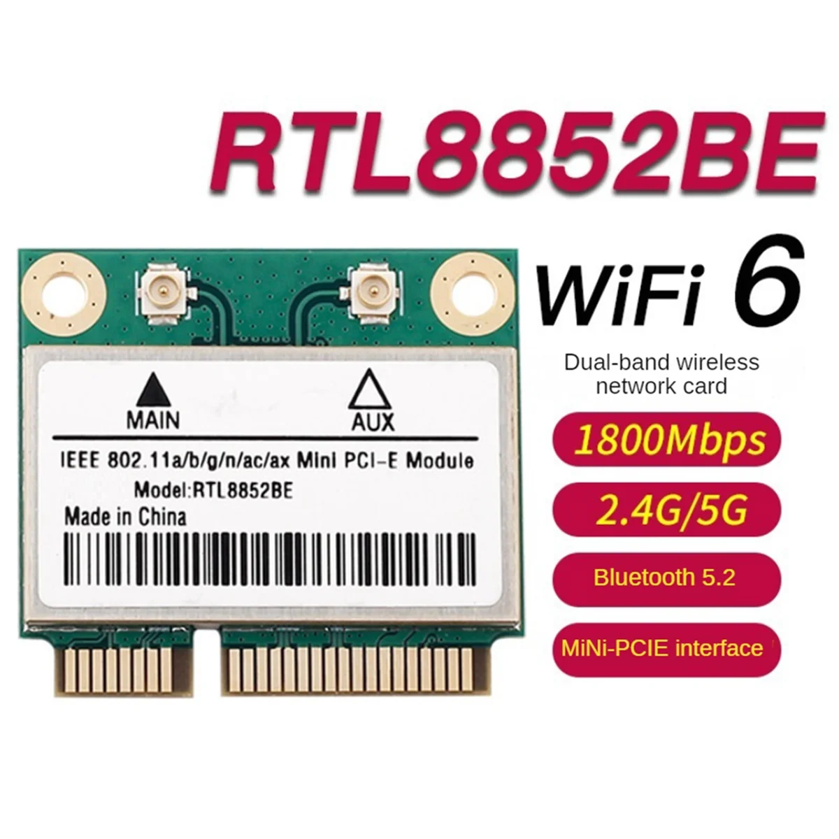 بطاقة شبكة RTL8852BE جديدة WiFi 6 1800Mbps BT 5.2 ثنائي النطاق لاسلكي MiniPCIe 802.11ac/Ax 2.4G/5Ghz -MIMO لـ Win 10 Pcie #4