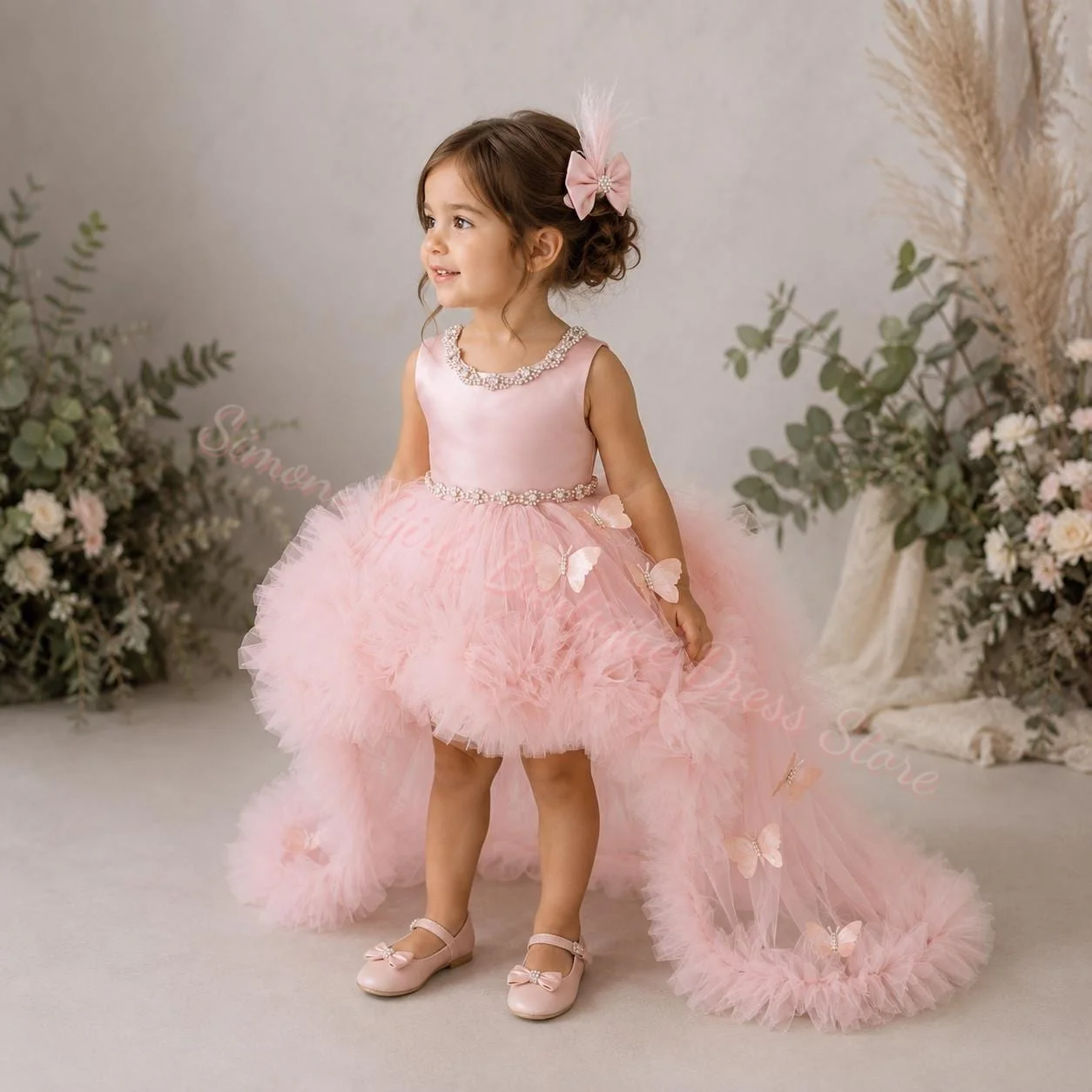 Pink Flower Girl Dress Tulle Butterfly Diamond with Bow and Trailing for Wedding Birthday Prom Party Banquet Gown Customized