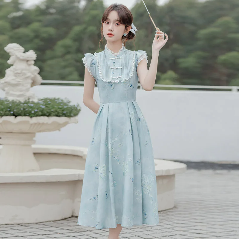 새로운 중국 스타일 레트로 민족풍 여성 여름 신상품 허리 조임 슬림 프린트 롱 드레스