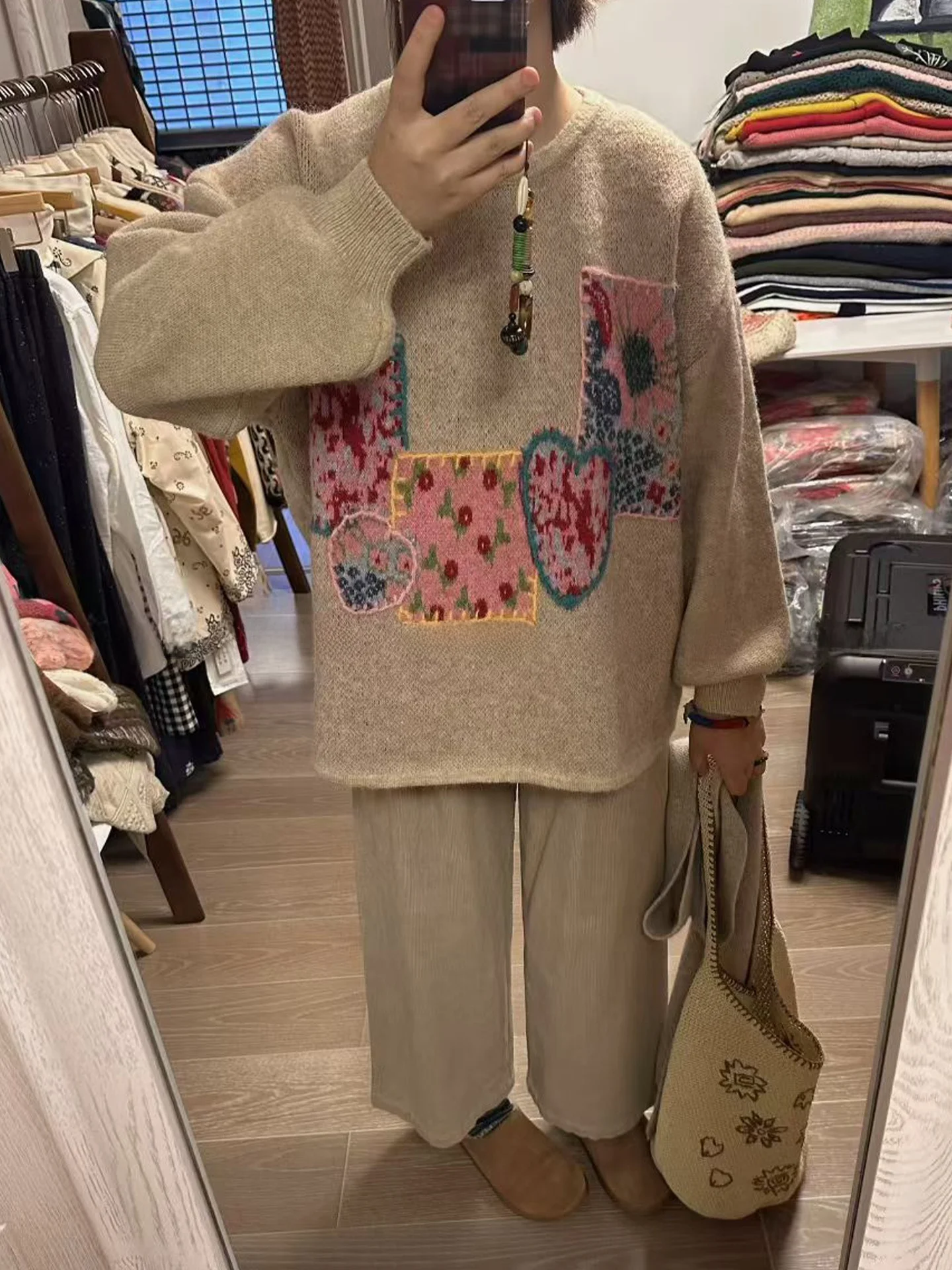 

Осенне-зимний вязаный свитер оверсайз, милый худи с лоскутным узором, теплый, цвета карамель, женский, удобный, длинный, толстый, топ