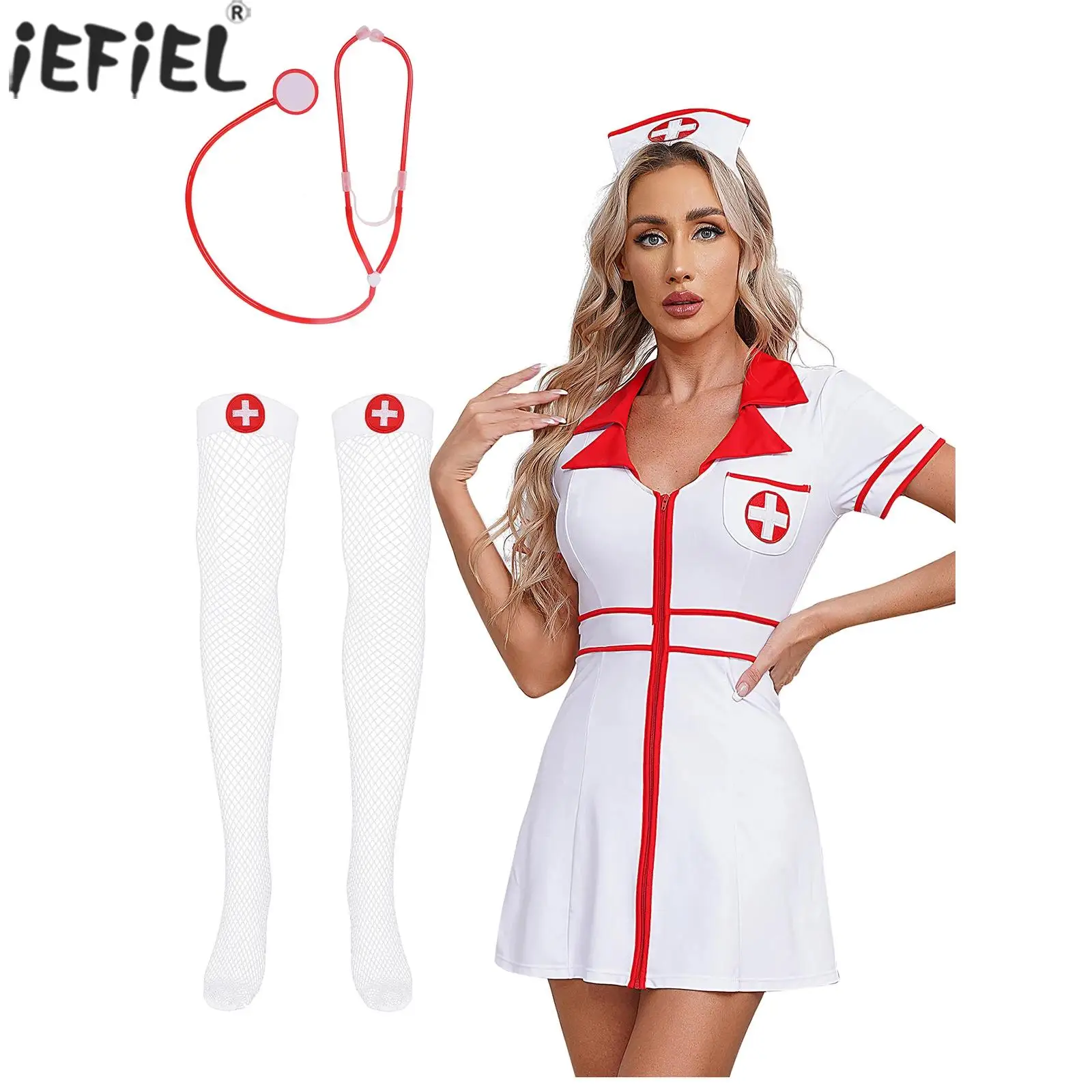 

4Pcs Women Nurse Cosplay Dress-up Short Sleeve Mini Dress with Headwear Plastic Stethoscope And Stockings Set for Party Clubwear