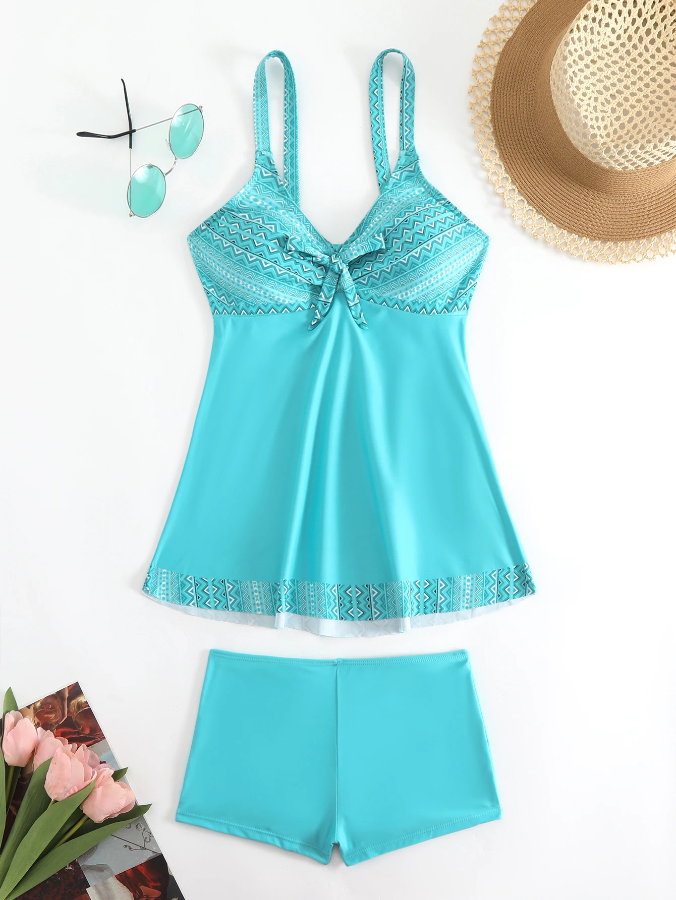 

Women's Floral Print Tankini Set, Elegant 2pcs Bikini Swimsuit with Adjustable Straps and High Waist Bottoms Summer Beachwear