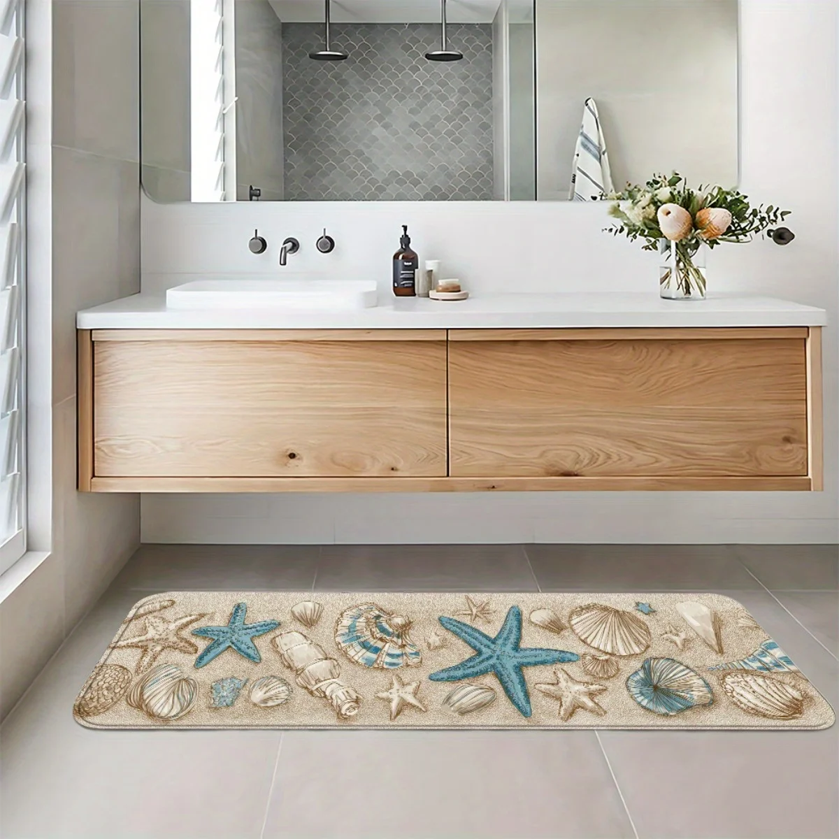 Coastal Starfish Seashell Print Diatomaceous Earth Kitchen Mat, Non-Slip Oil-Proof Waterproof Stain Resistant Long Floor Rug
