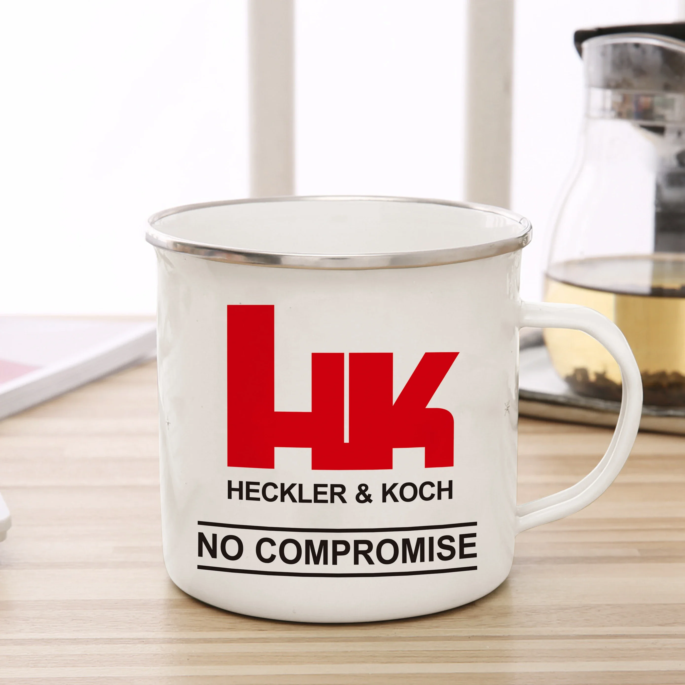 Heckler koch feuerwaffen kein kompromiss emaillierte tasse kaffeetasse 11oz spaß keramik kaffee tee kakao tasse griff tee getränke tasse