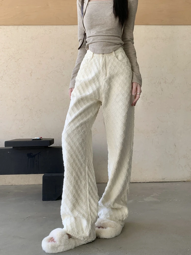 

Korean Casual Jacquard Jeans for Women Spring Summer New High Waisted Wide Leg Pants Trendy All Match High Street Long Trousers