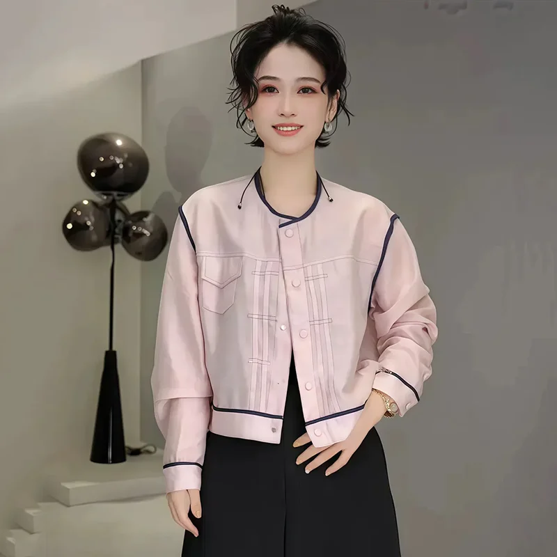 

Ladies New Cardigan Thin Summer Contrast Light Round Neck Shirt Coat Single-Breasted Design Women's Shirts Unique Pocket Coat