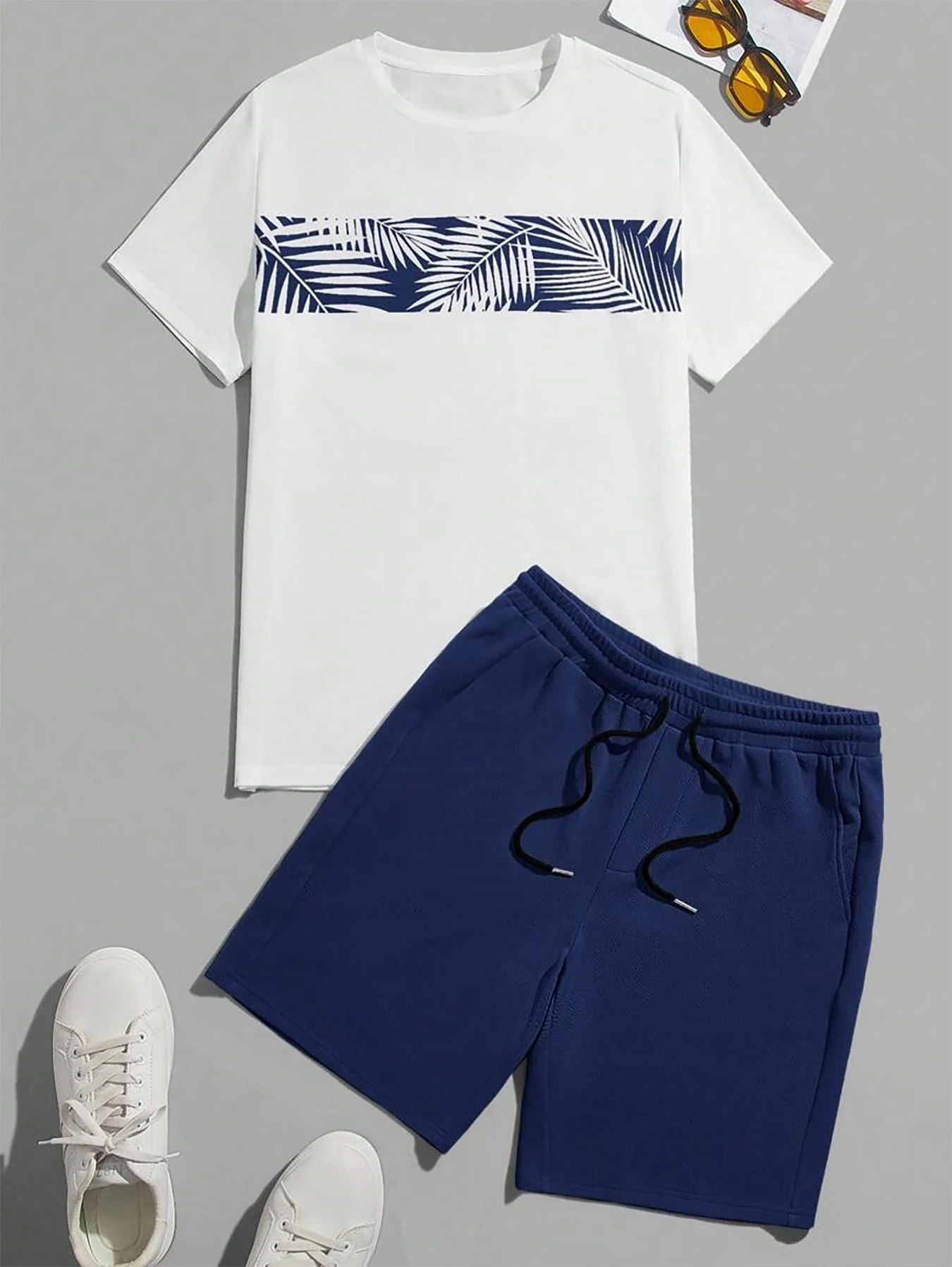 

Men's Premium Tropical Palm Leaf Stripe T-Shirt & Knit Shorts Set, Elevated Beach & Vacation Wear