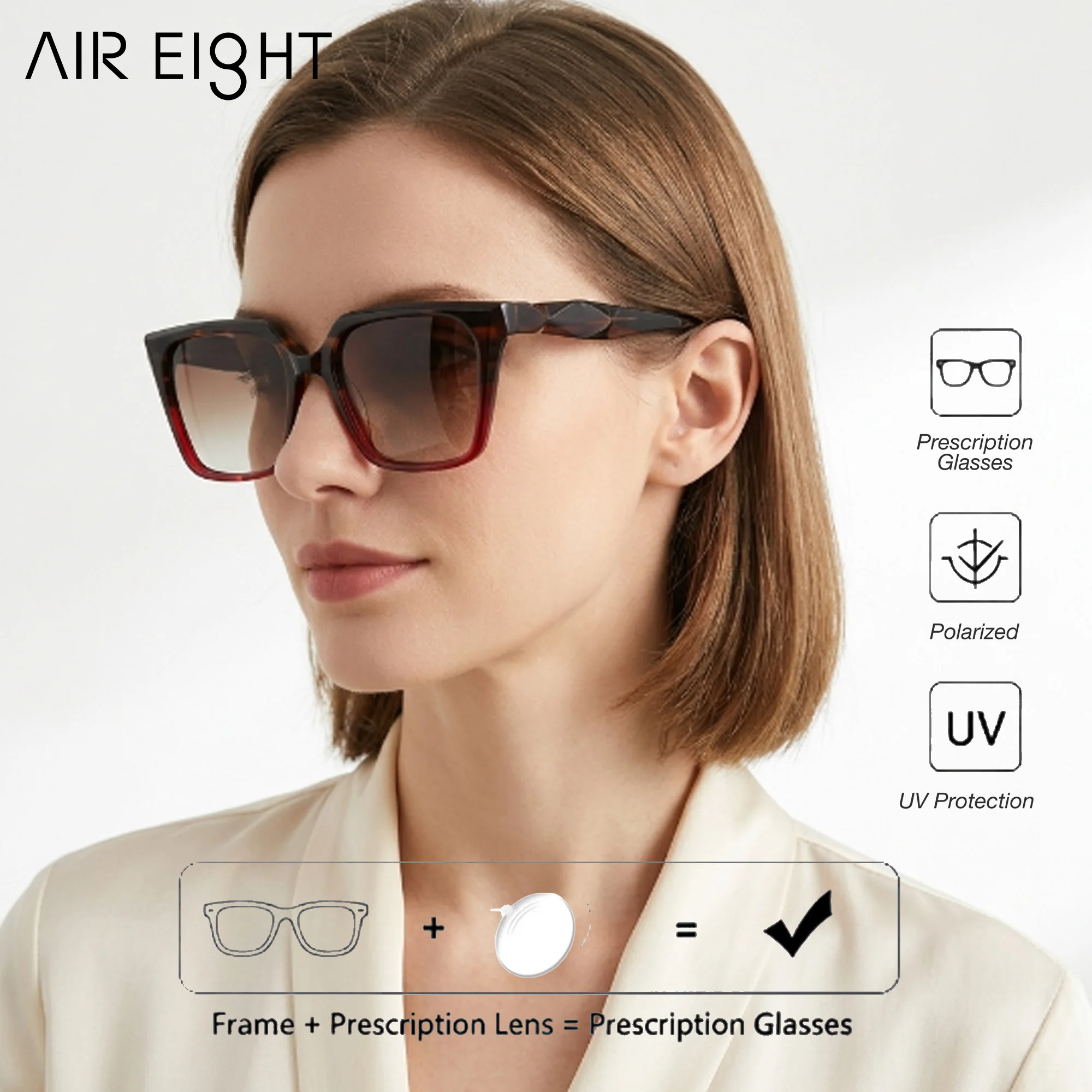 AIR EIGHT M Size Square Handmade Acetate Prescription Sunglasses For Unisex Polarized Photochromic UV400 Trendy  Eyeglasses