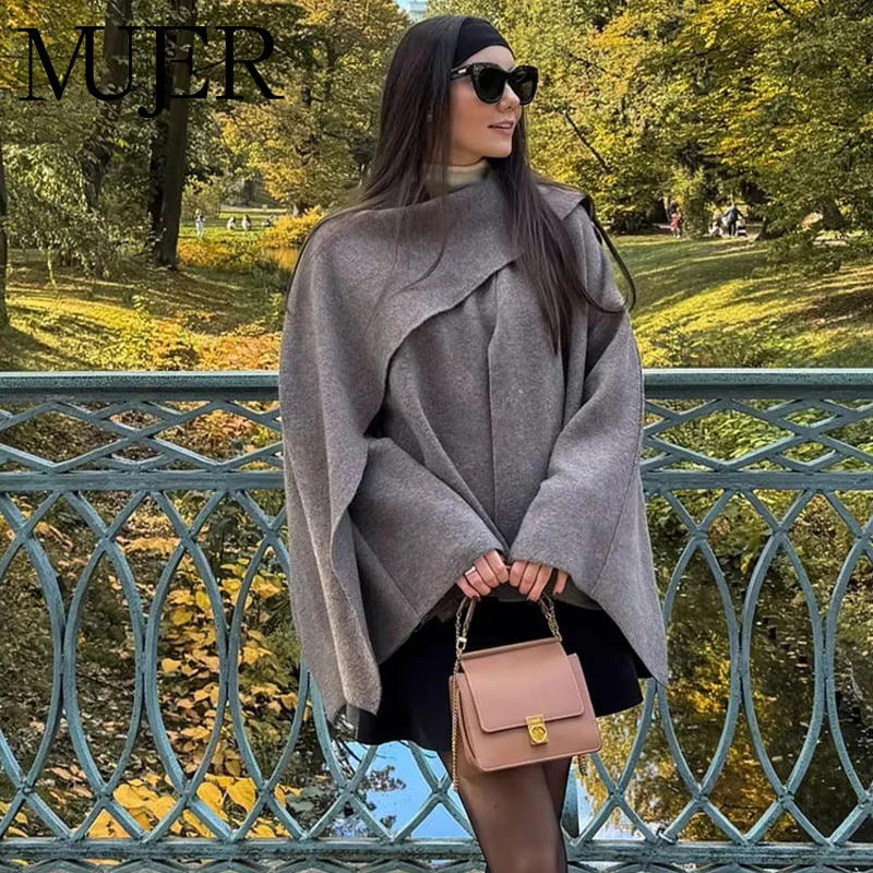 

MUJER 2025 Cape Women's Coats Asymmetric Cropped Jackets for Women Long Sleeve Knit Winter Coat Female Fashion Scarf Outerwears