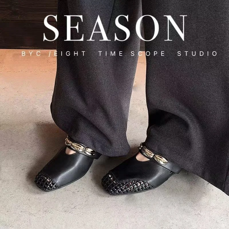 

2026 new spring autumn women mules natural leather 22-24.5cm weave cowhide+sheepskin square toe women sandals women shoes