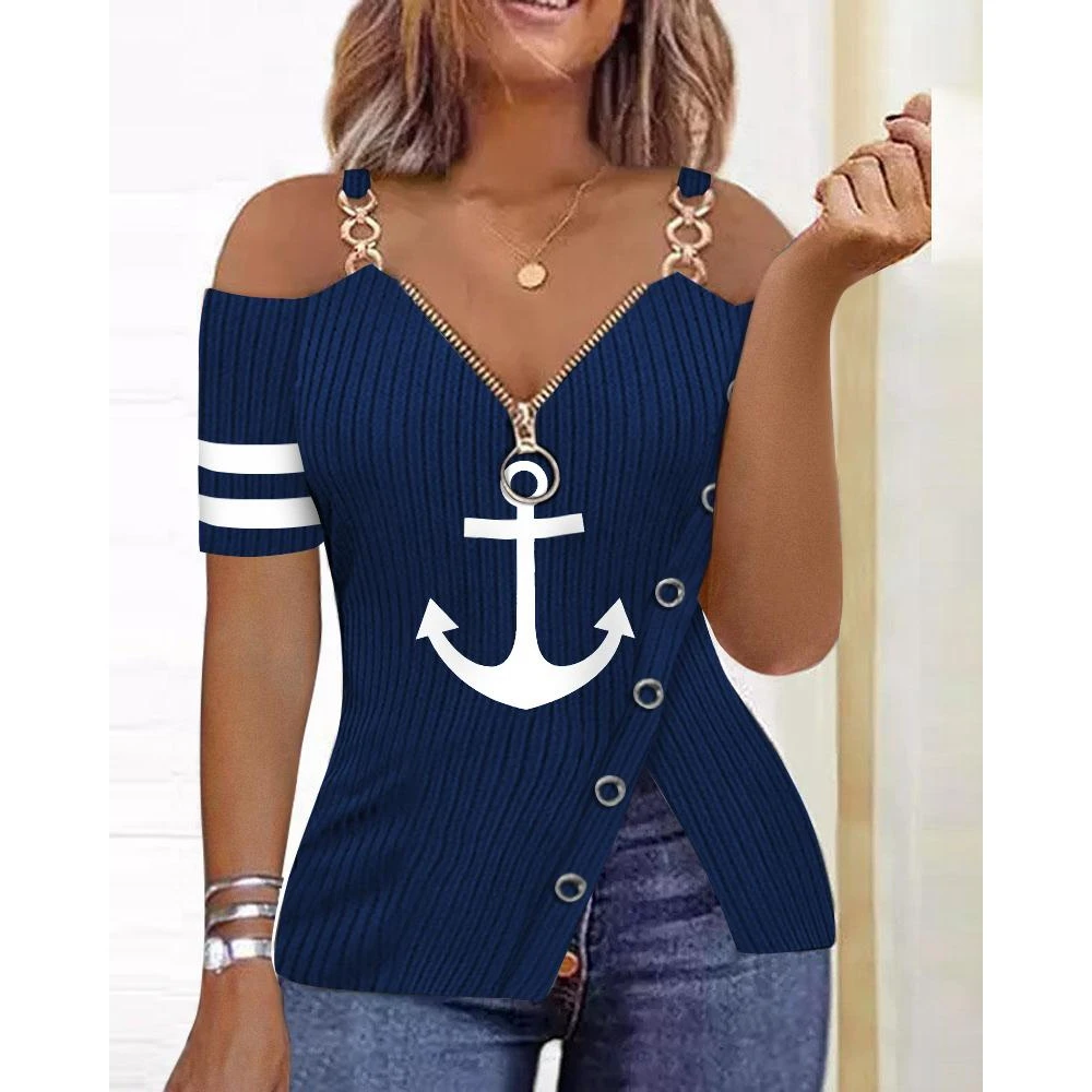 

Women Anchor Print Cold Shoulder Zip Detail Split Hem Short Sleeve Top Skinny T-Shirt Casual Tee Blue V-Neck 2024 Sexy Summer