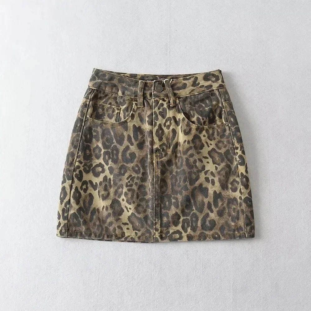

Leopard Print Skirts for Women Sexy Slim Pockets Spliced High Waist Wrap Hip Mini Short Denim Skirt Femme 2024 Summer Casual