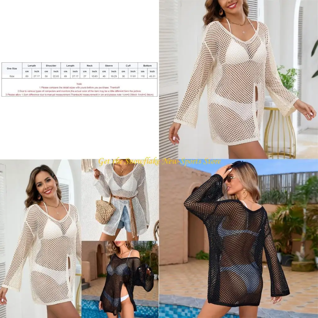 E56D Long Sleeve Crochet Knit Swimsuit Coverup Shirt Long Sleeve Bathing Suit Dress