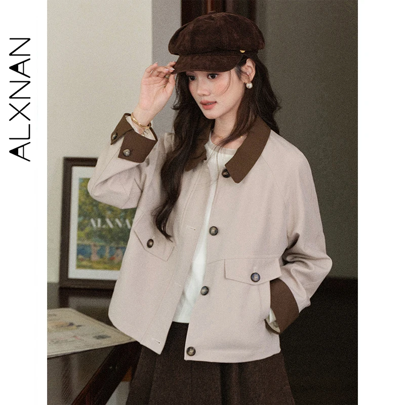 ALXNAN veste courte automne nouveau col rabattu Patchwork poignets femme manteaux poche coupe ample décontracté déplacements vêtements d'extérieur L57923