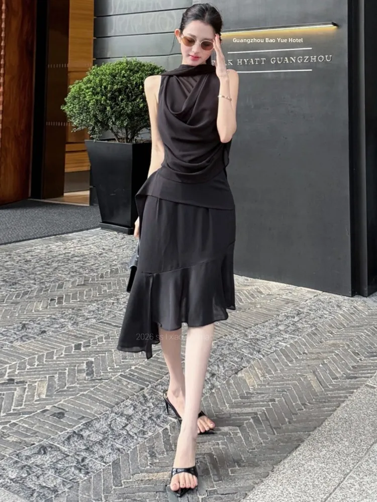 Sexy Spicy Girl Sleeveless Vest Top Skirt Set with Sashes Bell Bottoms Slimming Asymmetrical High Waist for Casual Wear