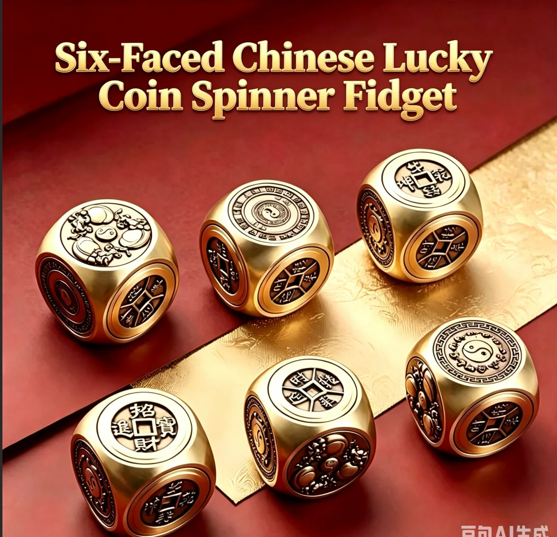 New 6-Sided Brass Lucky Spinner Fidget Dice – Chinese-Style Stress Relief Gadget, Feng Shui Fortune & Wealth Toy for Adults
