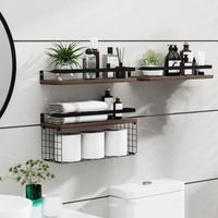 Wooden+Metal Bathroom Wall Mounted Shelf With Storage Basket Large Capacity Floating Hanging Rack Multifunction