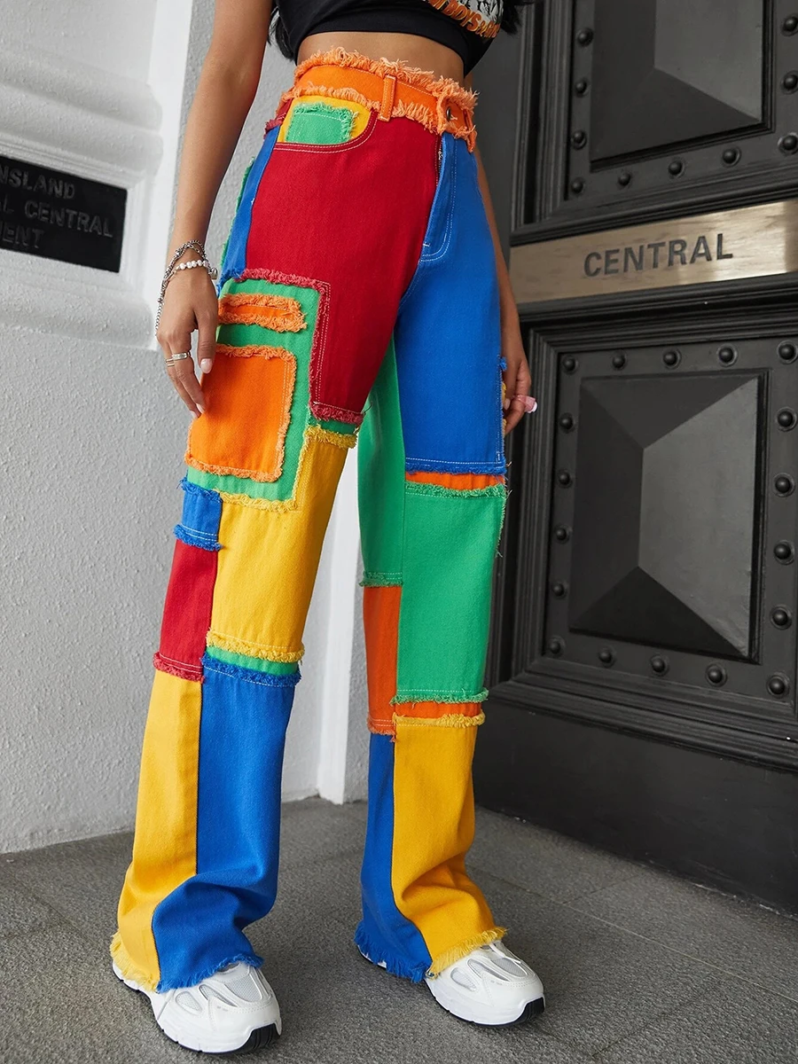 REDDACHiC Stitch Rainbow Color Block Baggy Jeans Women 90s Retro Frayed High Waist Y2k Trousers Holiday Casual Wide Leg Pants