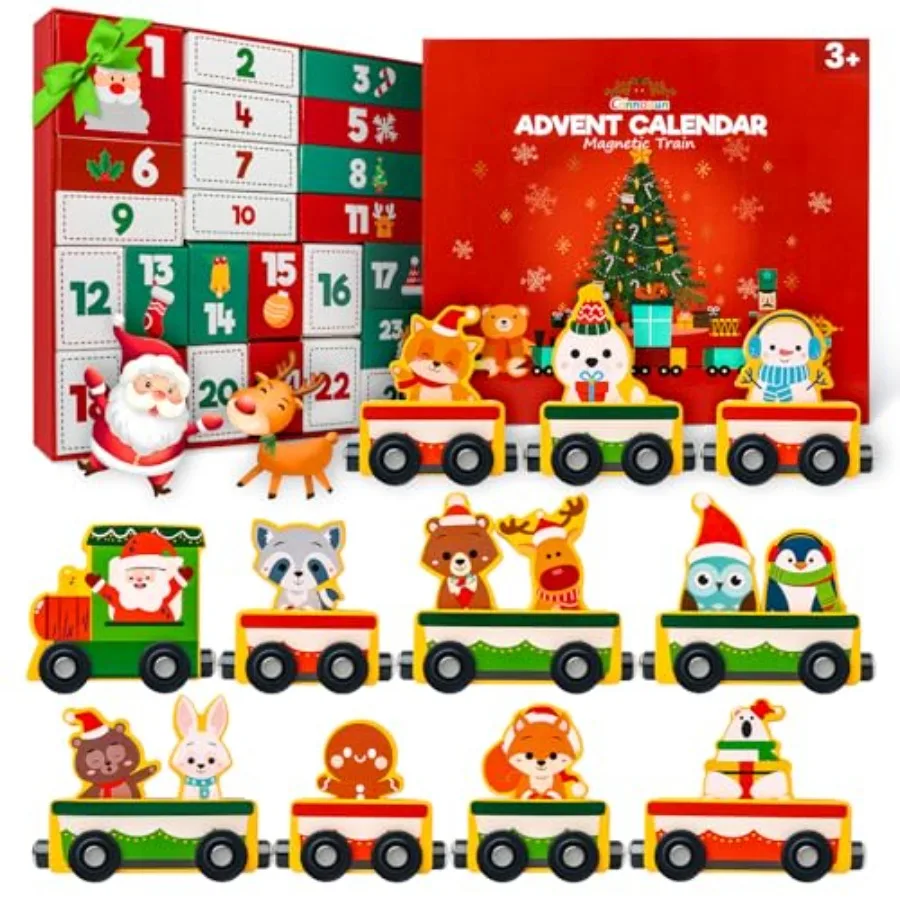 Calendario de Adviento de Navidad 2025, regalos para animales de madera magnéticos, juego de tren, calendario de Adviento de 24 días, regalos de cuenta regresiva para niños pequeños