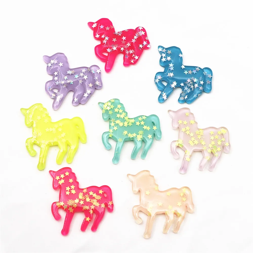 10pcs Mix Colors Cute Cartoon Unicorn Glitter Star Filled Flatback Cabochon Miniature Art DIY Craft Scrapbooking,39*40mm