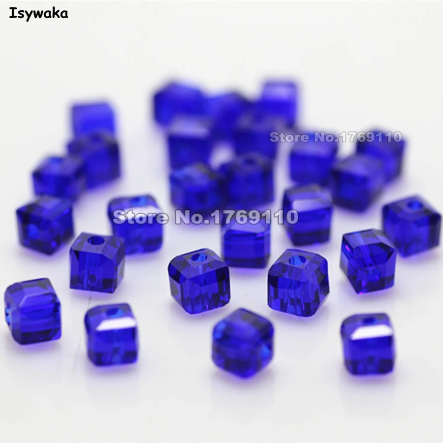 Isywaka 100pcs Cube 4mm Deep Blue Color Square Austria Crystal Beads Glass Beads Loose Spacer Bead for DIY Jewelry Making