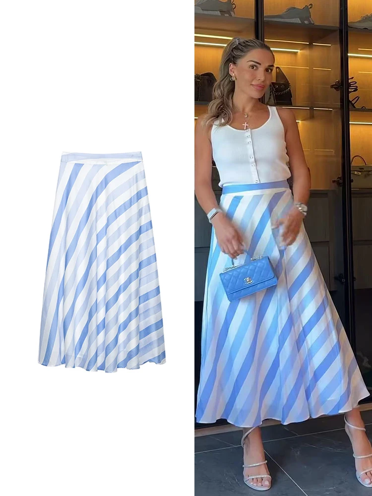TFMLN Women Vintage Blue Striped Skirt Summer Fashion Trends High Waist A Line Skirt Vacation Casual Female Clothing 2026