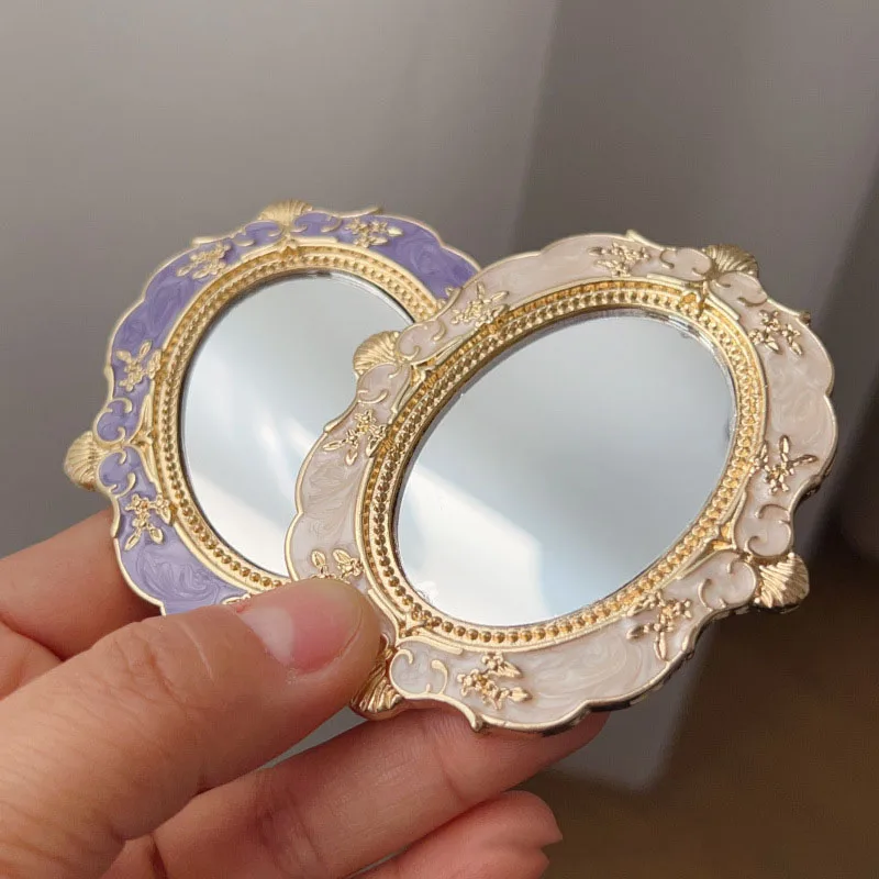 Mini Handheld Mirror Vintage Style Decorative Compact Makeup Mirror for Wallet Travel Women's Gift Portable