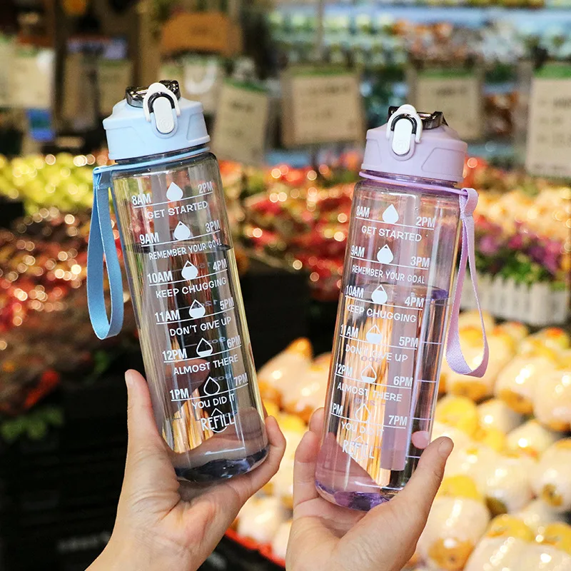 Water Bottle With Time Marker Leak Proof Sport Drinking Bottles Outdoor Sports Water Bottle With Straw Travel Kettle Fitness