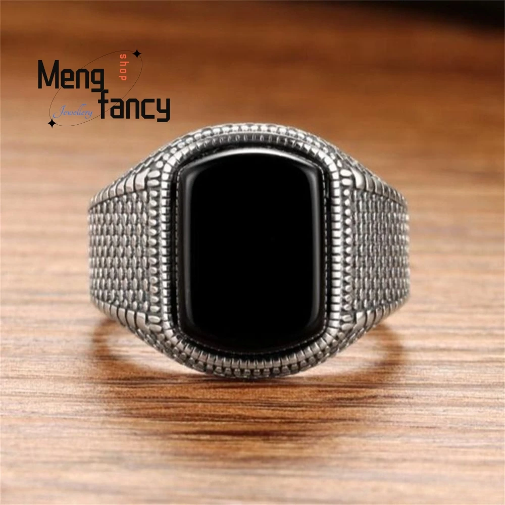 

Adjustable Size, Personalized And Trendy Retro Black Agate Index Finger Ring Wide Ring Luxury Quality Jewelry Exquisite Elegant
