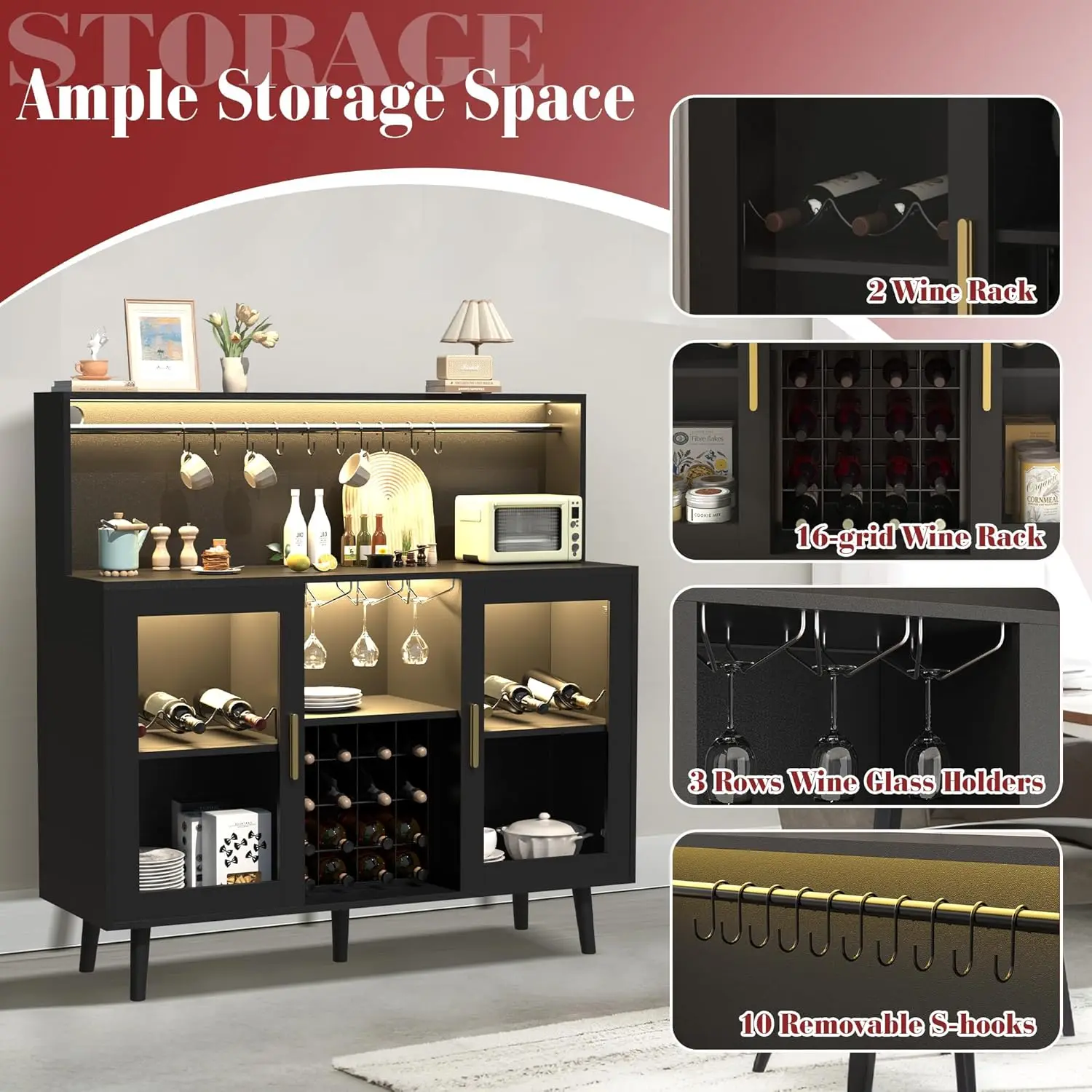 Mueble Bar para Café y Vino con Luces LED, Estante para Copas y Almacenamiento Extraíble, Buffet para Sala de Estar, Comedor y Cocina, Negro, Personalizable