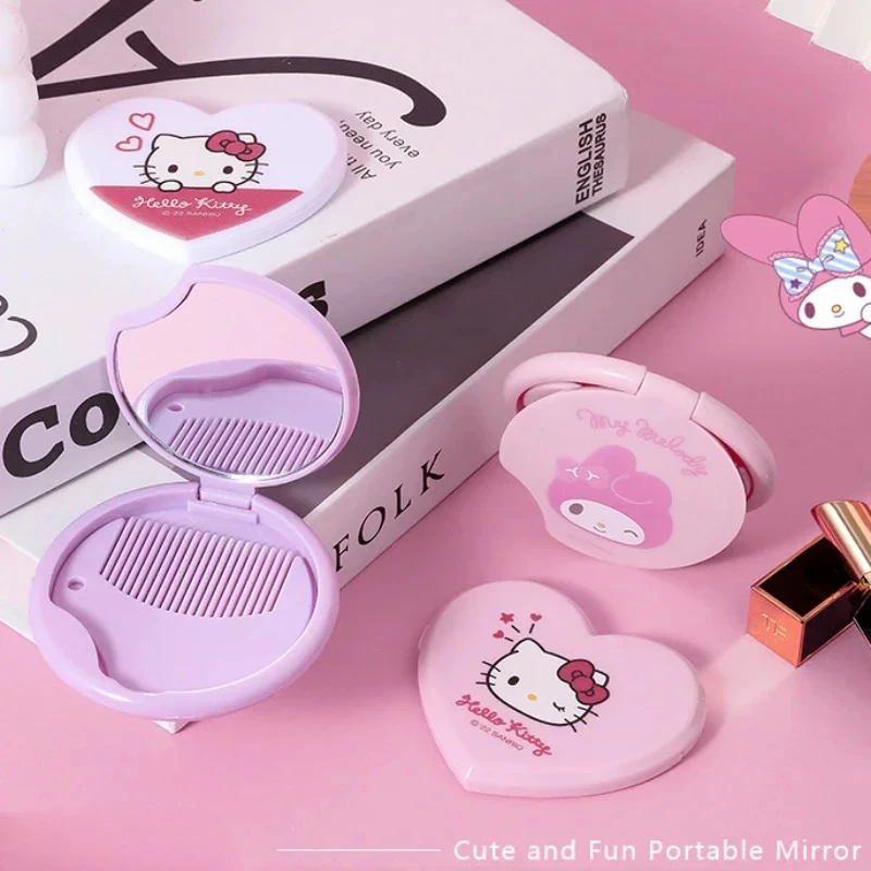 Anime Sanrio Hello Kitty Mirror Comb Kawaii My Melody Girls Mini Foldable Makeup Mirror Set Travel Portable Heart-Shaped Gifts