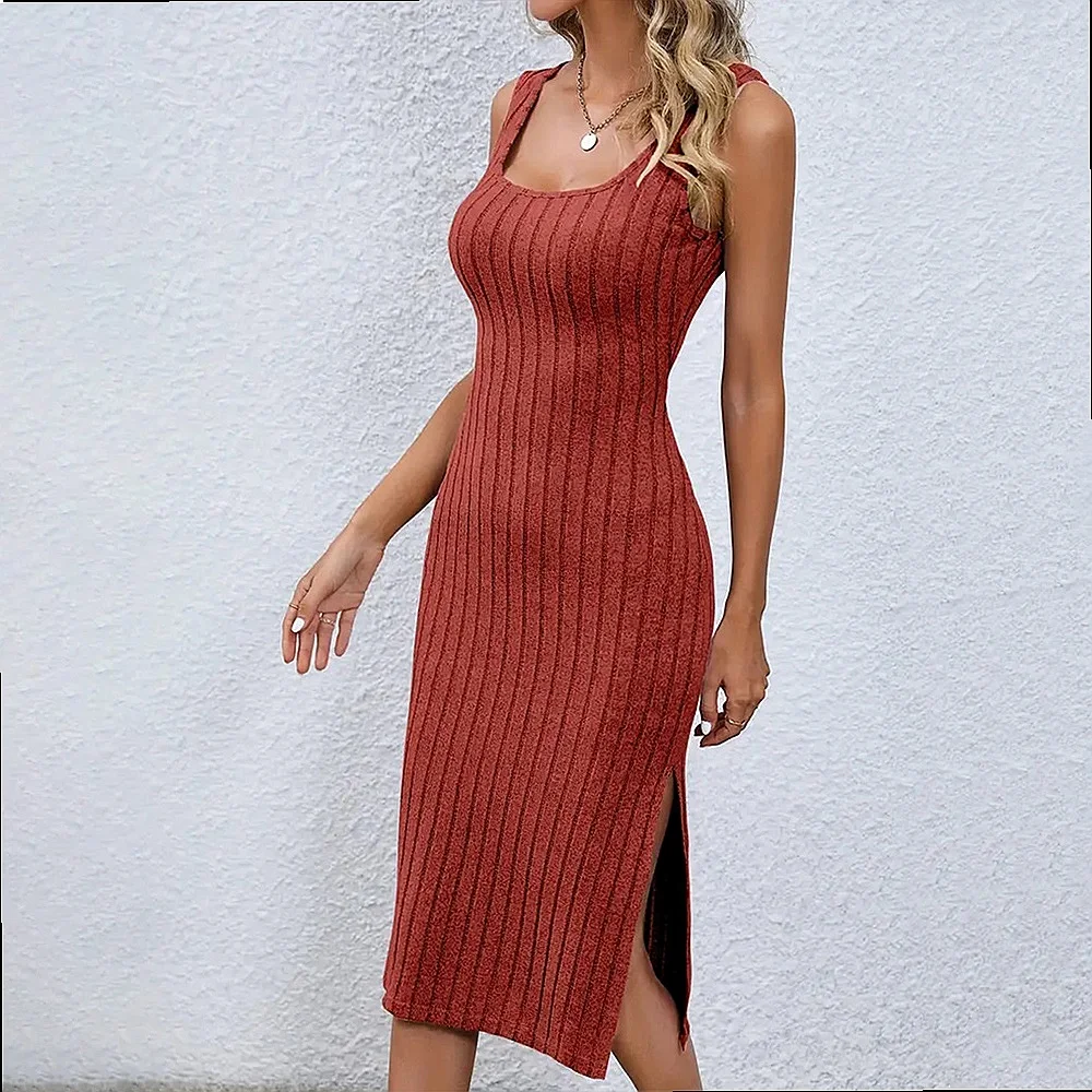 Ins Sexy Slim Fit Ribbed Side Split Bodycon Dress Dresses Spring Summer