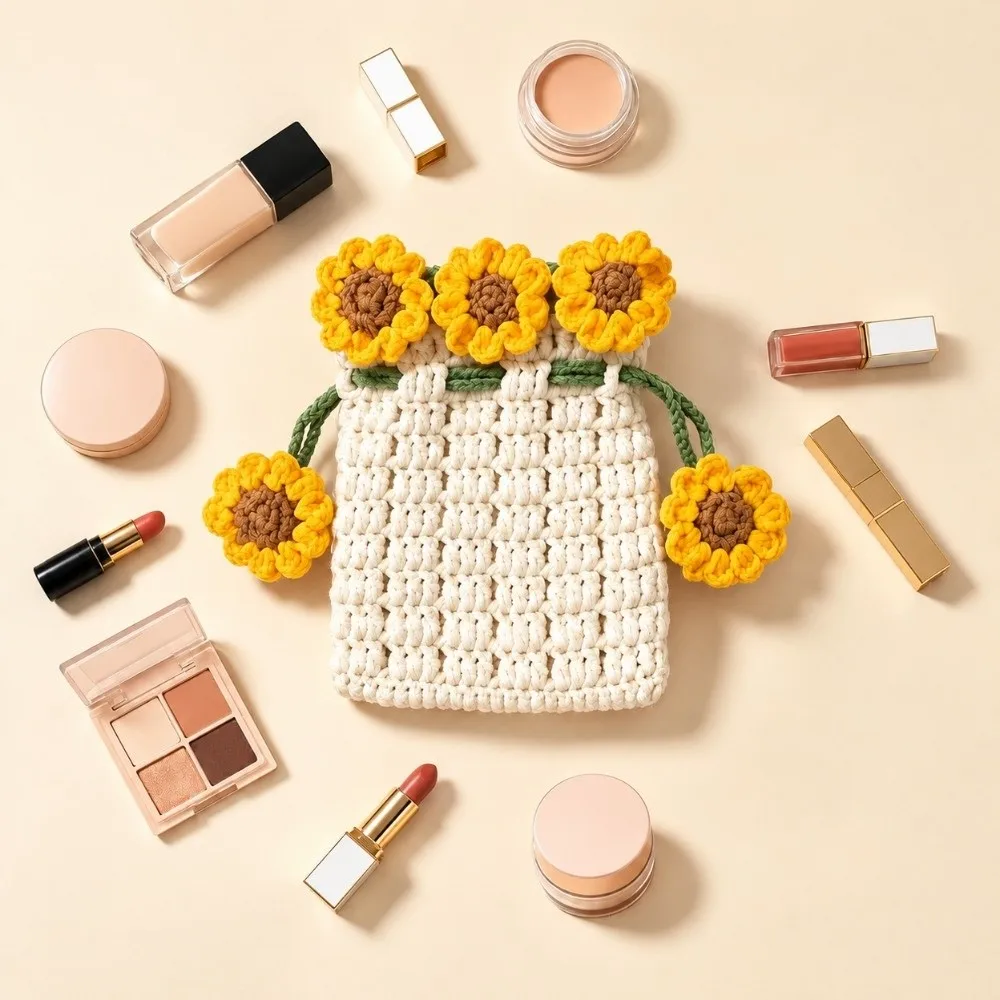 Cotton-Linen Hanging Organizer Pouch Handwoven Multi Closure Sunflower Shape Pouch Hanging Design Sunflower Shape