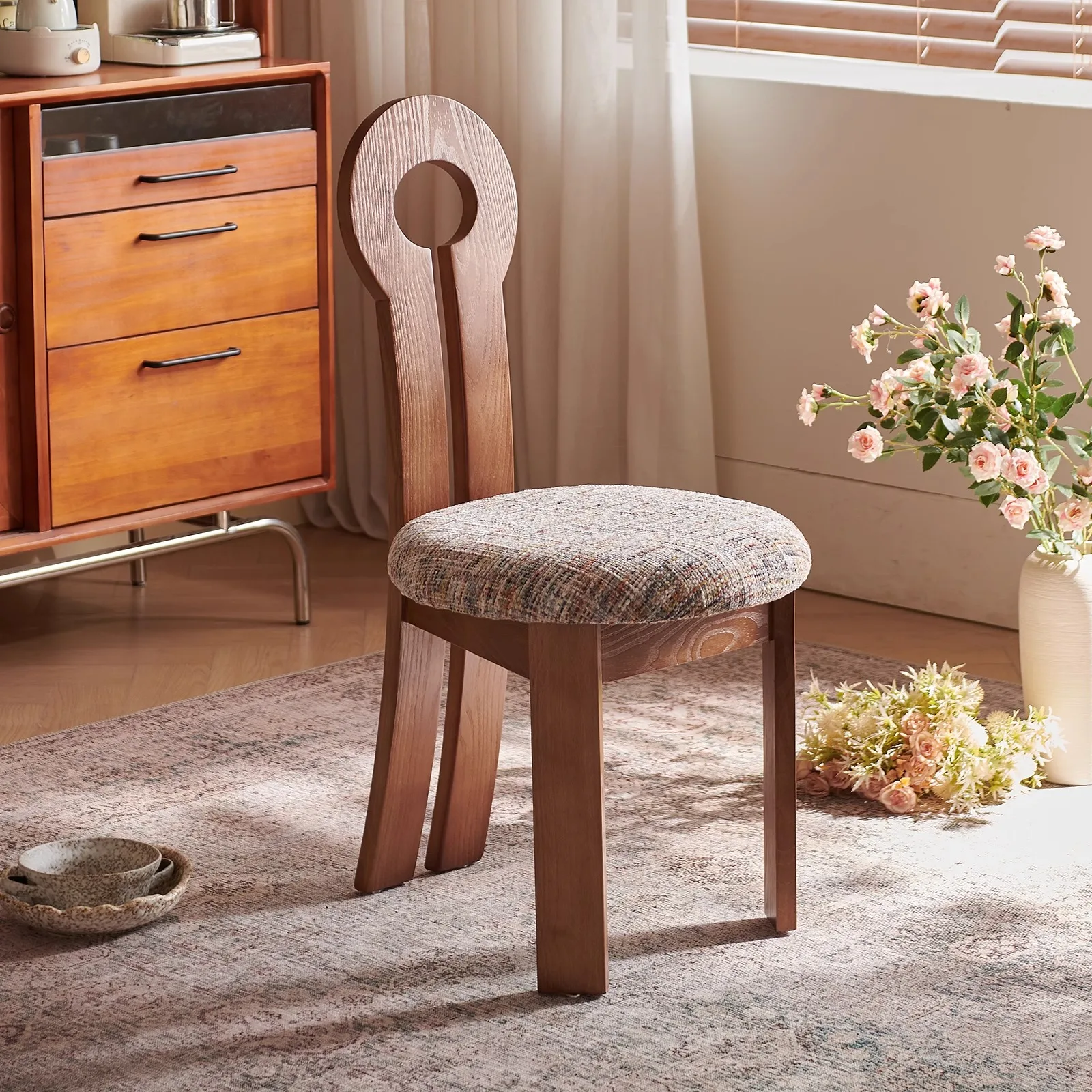 

French medieval style solid wood dining chair linen home restaurant modern simple backrest stool hotel d
