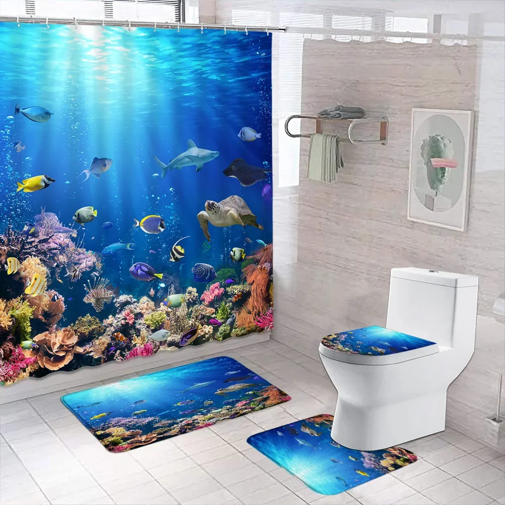 

Sea Turtle Shower Curtain Sets, Bathroom Rugs and Accessories, Ocean Nautical Shower Curtain Durable Fabric Shower Curtain Set