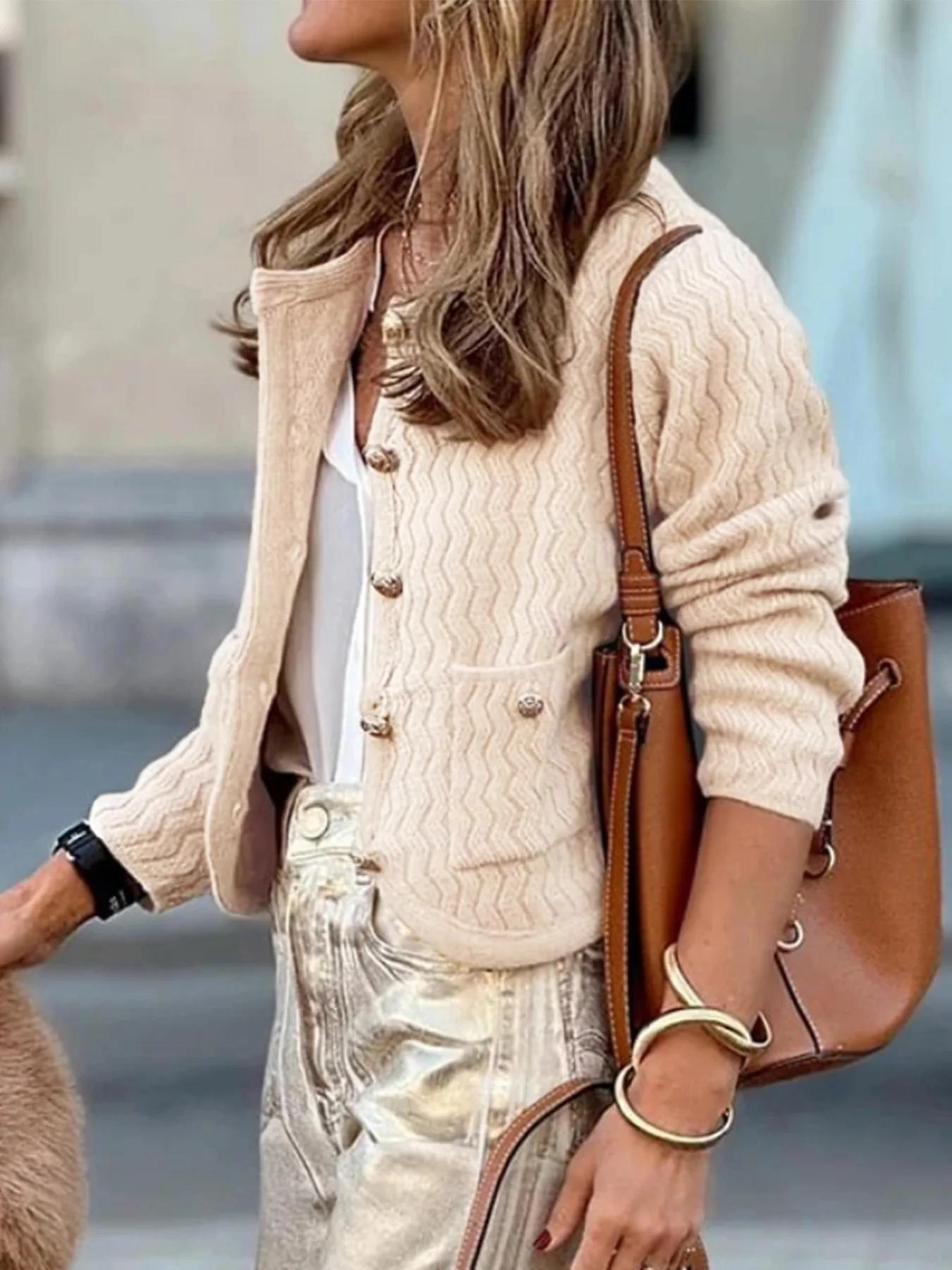 Women's Jacket 2025 Spring Autumn New Solid Color Ribbed Pocket Design Round Neck Long Sleeve Casual Sweater Jacket Coat