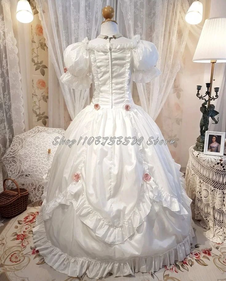 Elegant Pure White Satin Wedding Dress Simple Square Neck Bubble Sleeve Lace Stereoscopic Rose Corset Ruffle Pleated Bridal Gown