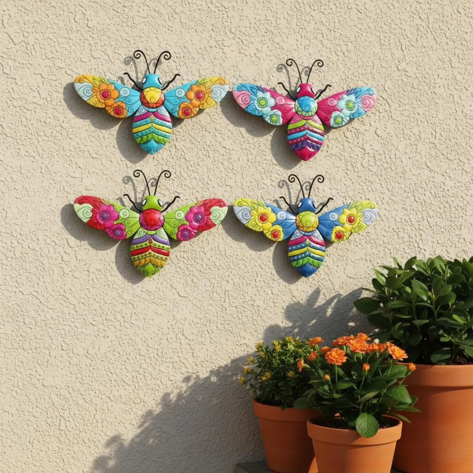 4 Pieces Iron Bee Wall Hanging Indoor Outdoor Use Metal Bee Wall Decor Bumblebee Garden Art Floral Pattern Petals for Fence - view 4