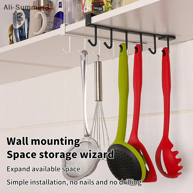 Estante de almacenamiento con 6 ganchos, estante colgante de plástico debajo de los estantes, soporte para utensilios, armario, cocina, baño, organizador, accesorios para el hogar