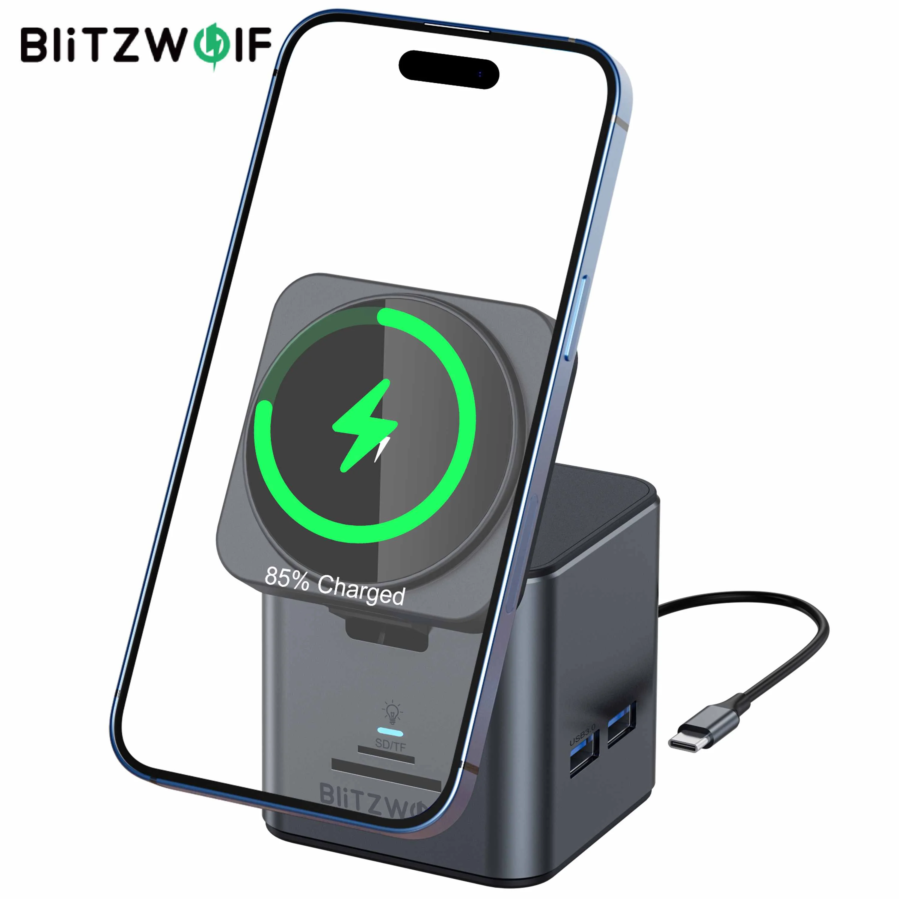 BlitzWolf BW-TH17 9 in 1 Type-C Docking Station Magnetic 15W Wireless Charger Stand USB-C HUB with USB3.0*3 HD 4K@30Hz Gigabit