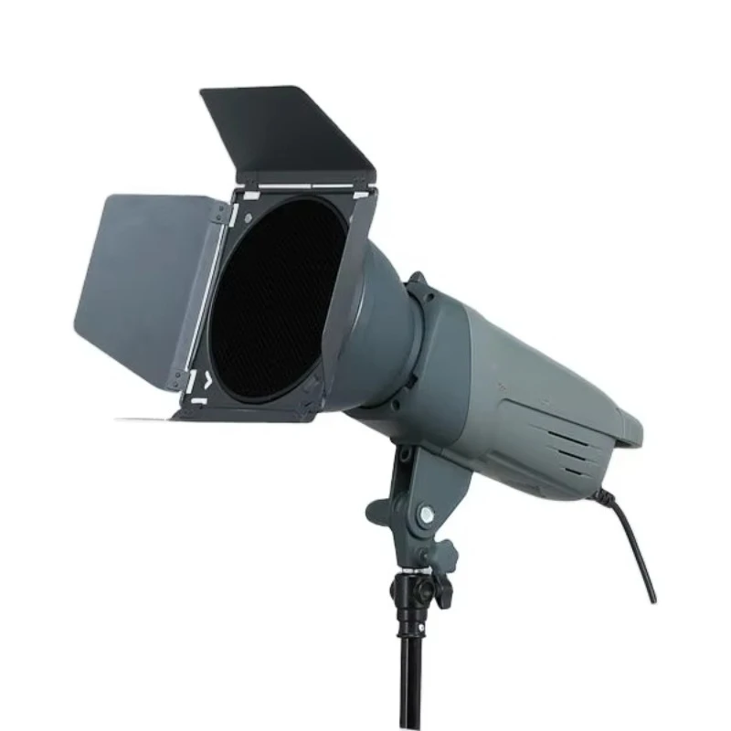 Photo studio equipment kit with barn door, umbrella, soft box, rack