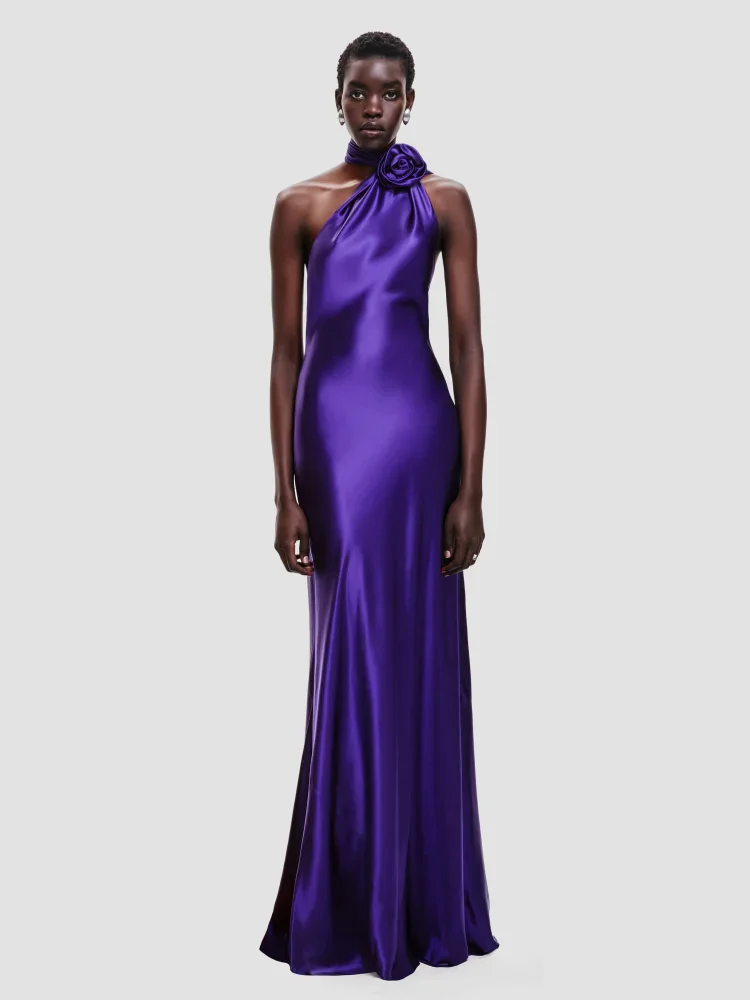 Elegant Solid 3D Flowers Ribbon Women Halter Dress Off Shoulder Sleeveless Backless Slim Female Maxi Dresses Chic Lady Robe