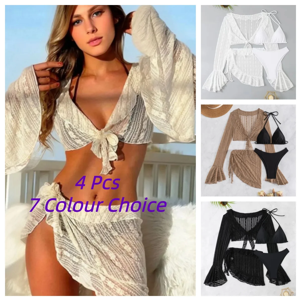 

2026 Sexy Four-piece Women Swimsuit Long-sleeve Cover-up Swimwear Summer Solid Bikini Set Brazilian Beachwear Party bathing suit