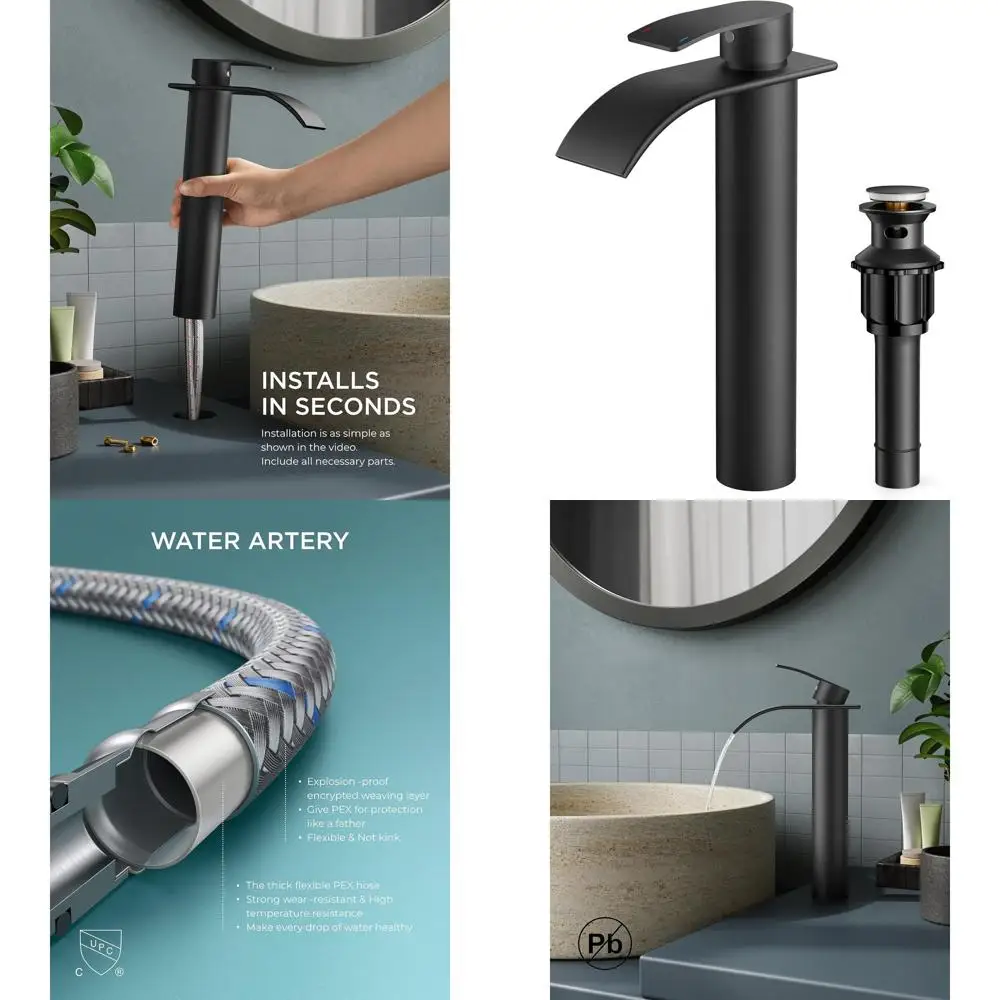 

Black Single Handle 11 High Bathroom Vessel Sink Faucet with Metal Pop-Up Drain, Lead-Free and UPC Certified