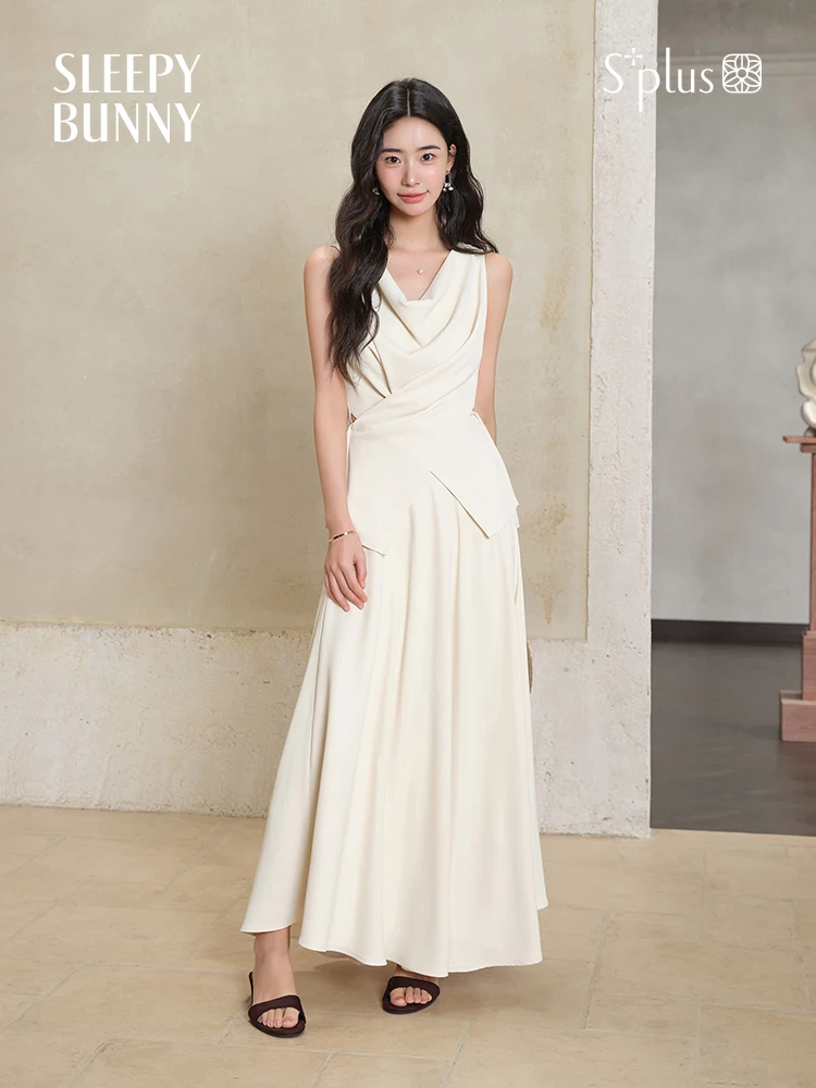 

Elegant White Cowl Neck Top Set Sleeveless Blouse High Waist Maxi Skirt Flowy Two Piece Outfit Women Summer Chic Casual Fashion