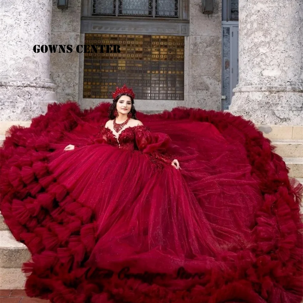 

Мексиканское бордовое платье Quinceanera с открытыми плечами, бальное платье принцессы с оборками из бисера, 15-летний день рождения по индивидуальному заказу