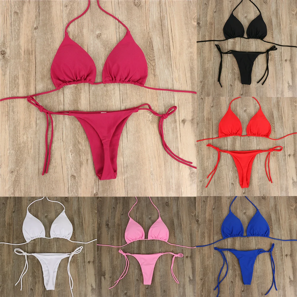 Women Thong Bikini Set Side Tie Sexy Swimsuit Bandage Style Swimwear Swimming Accessories Red/Blue/Black/White/Wine Red/Pink