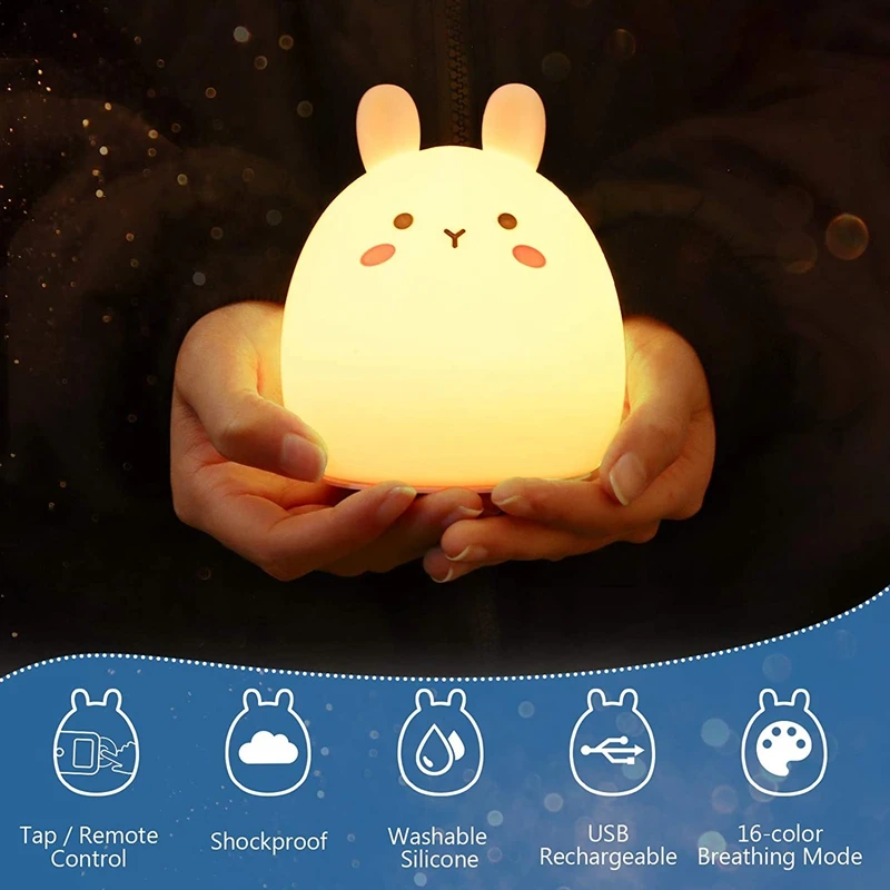 Coelho portátil LED Night Light para crianças, luz bonito do bebê, lâmpada de silicone para criança, mulheres, meninas adolescentes, multi-color