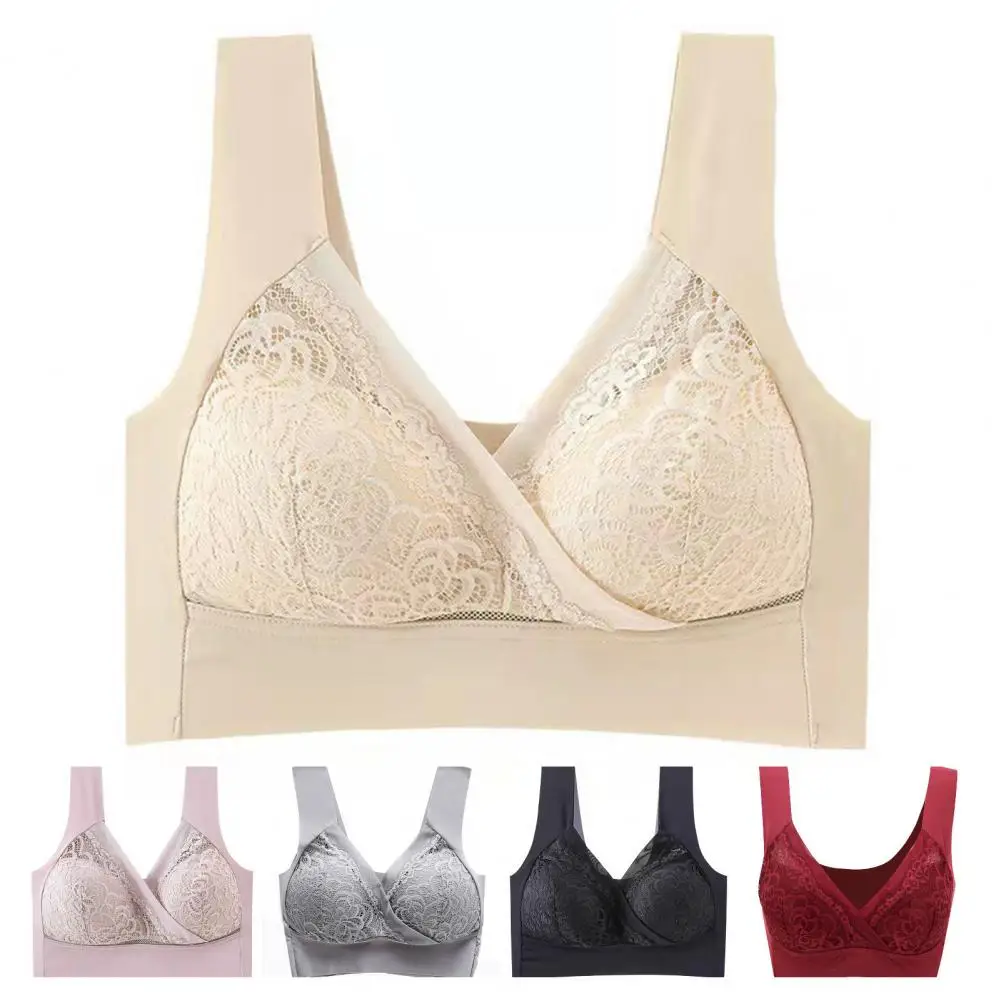 

Women Bra Elastic Shoulder Strap Lace Floral Embroidery Underwear Maximum Comfort Shockproof Push-up Wireless Yoga Daily Bra